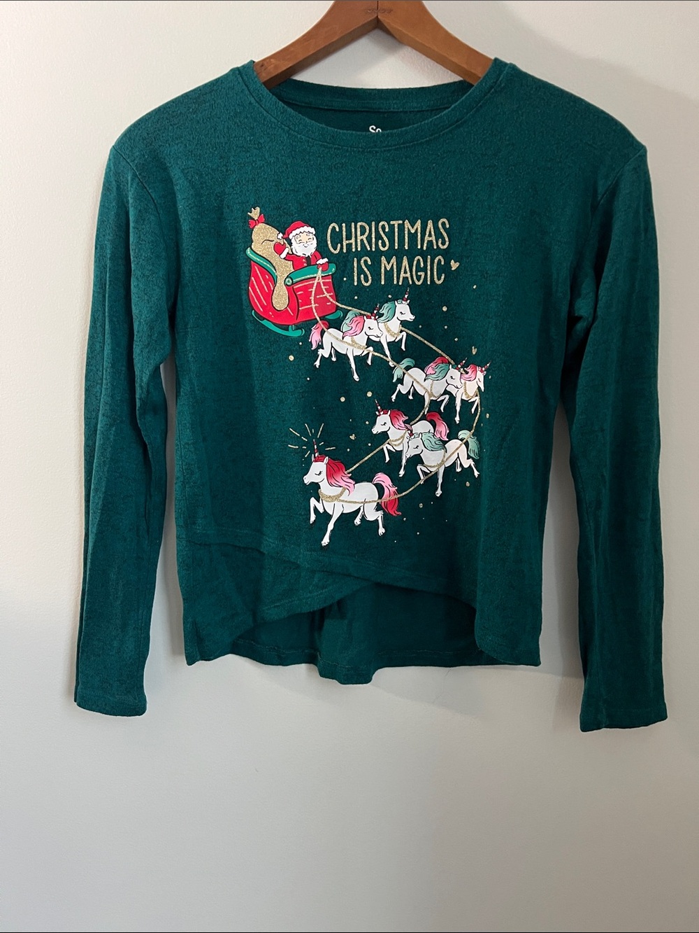 SO | Girls Teal Green 'Christmas Is Magic' Unicorn Long-Sleeve Tee Sz L (10/12)